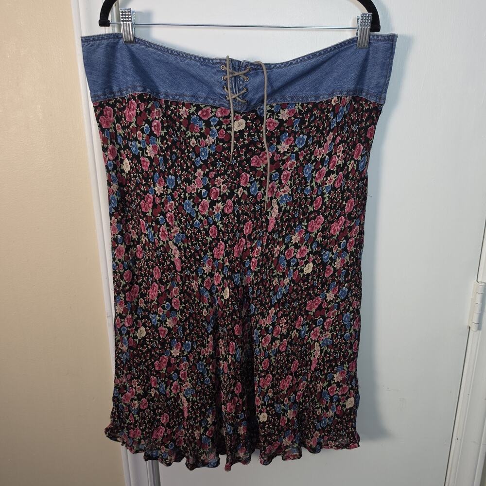 Vintage Faded Glory Denim Tie Floral Maxi Skirt Sz 16 Cotton Boho Festival